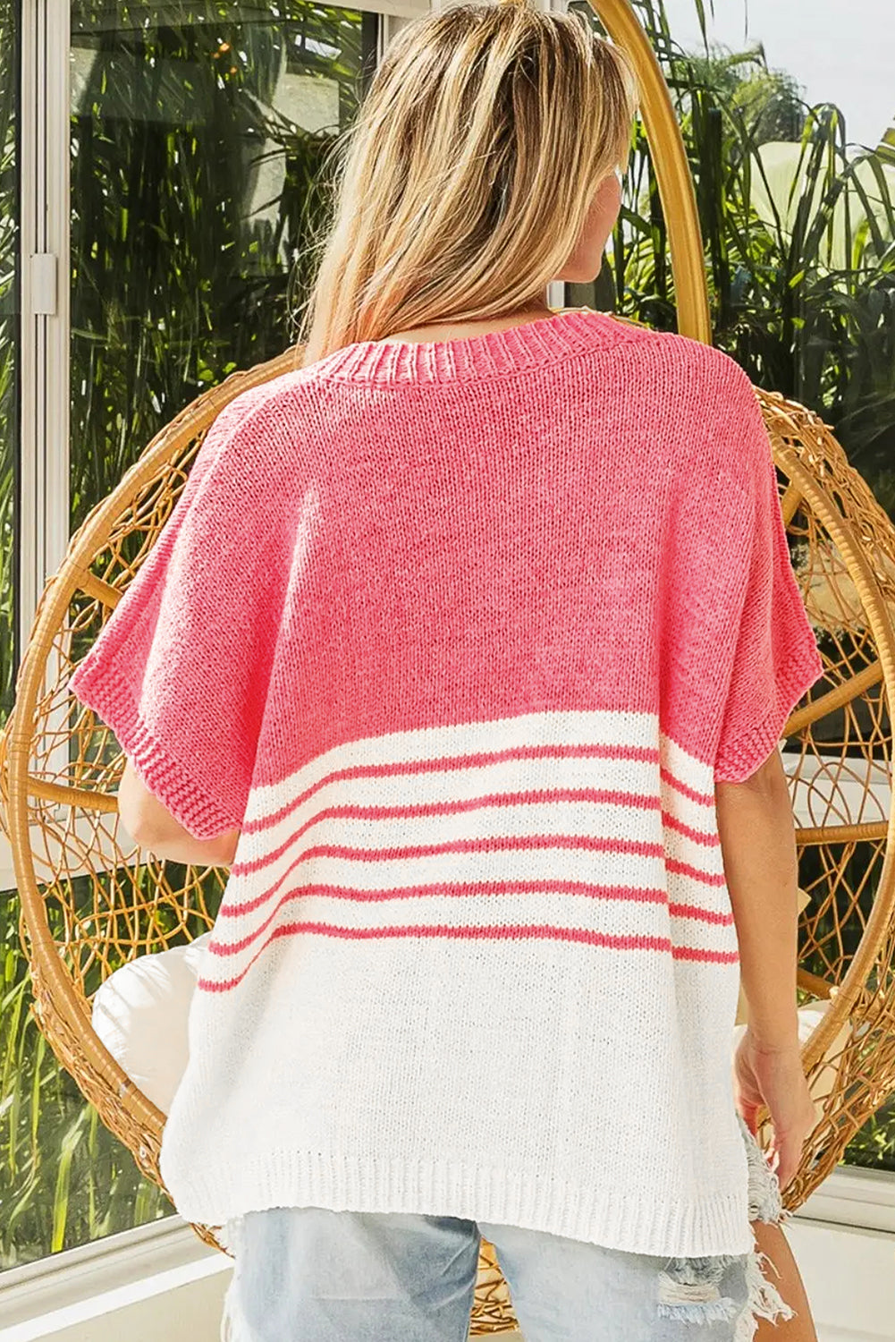 Strawberry Pink Contrast Stripes V Neck Knitted Short Sleeve Top