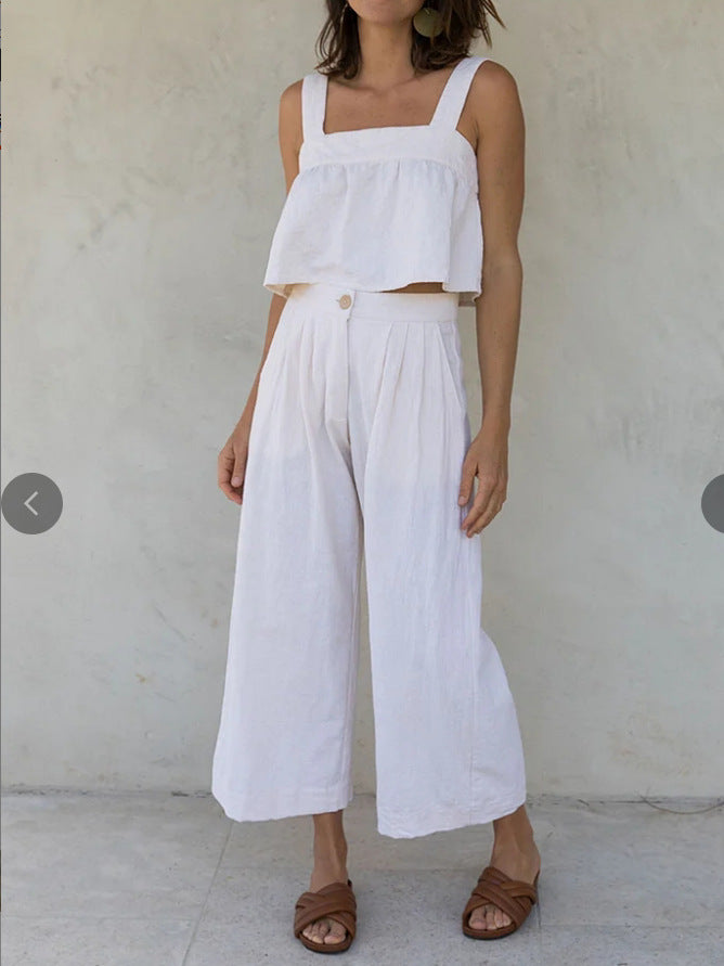 Women's Summer New Square Collar Strap Backless Special-interest Design Short Overall Dress Set