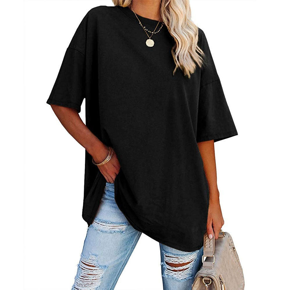 Loose Drop Shoulder Sleeves Round Neck Short Sleeve Top