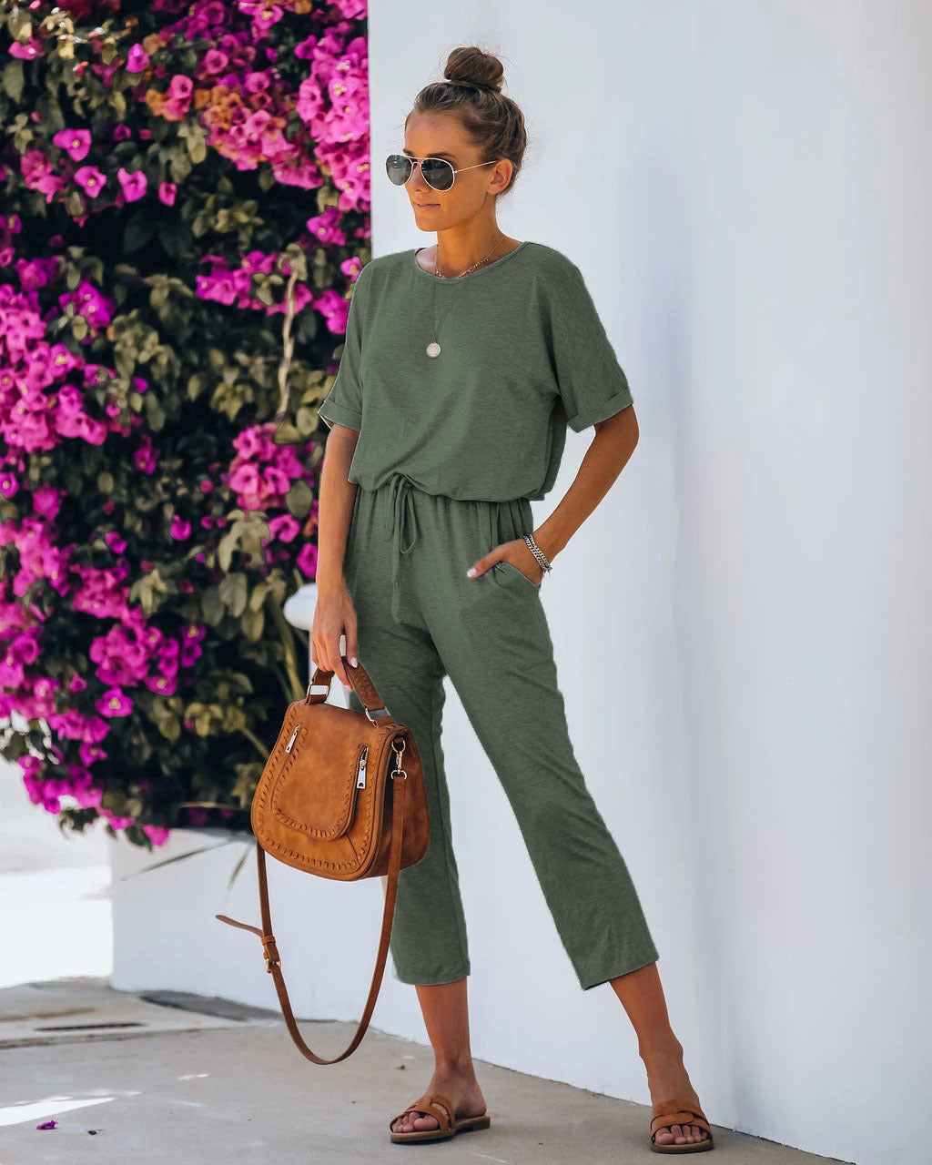 Casual And Comfortable Loose High Waist Short Sleeve Jumpsuit