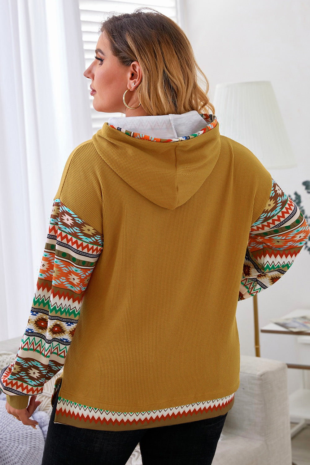 Camel Aztec Patchwork Sleeve Waffle Drawstring Plus Hoodie