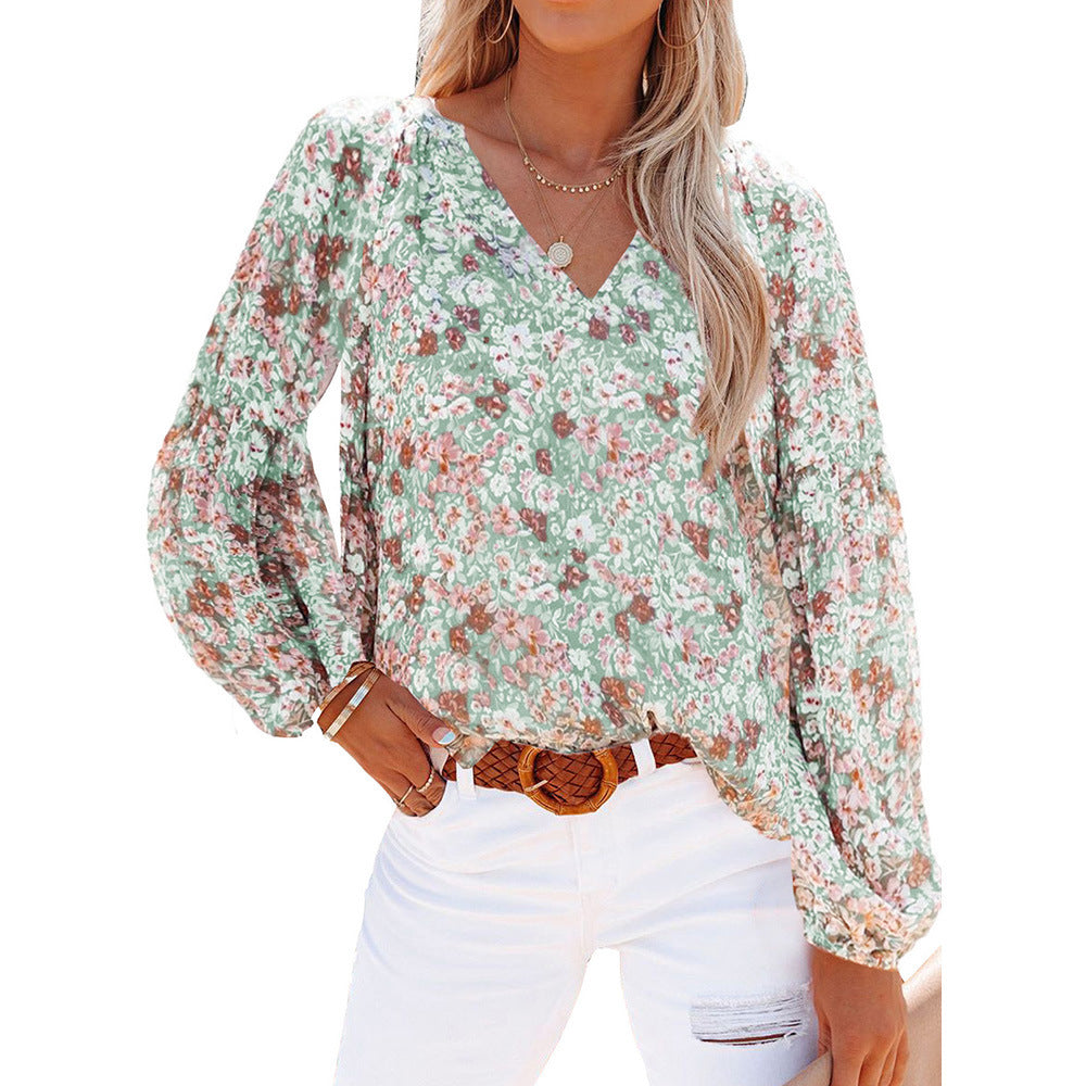 Lantern Sleeve Shirt Women Floral Print Chiffon Shirt