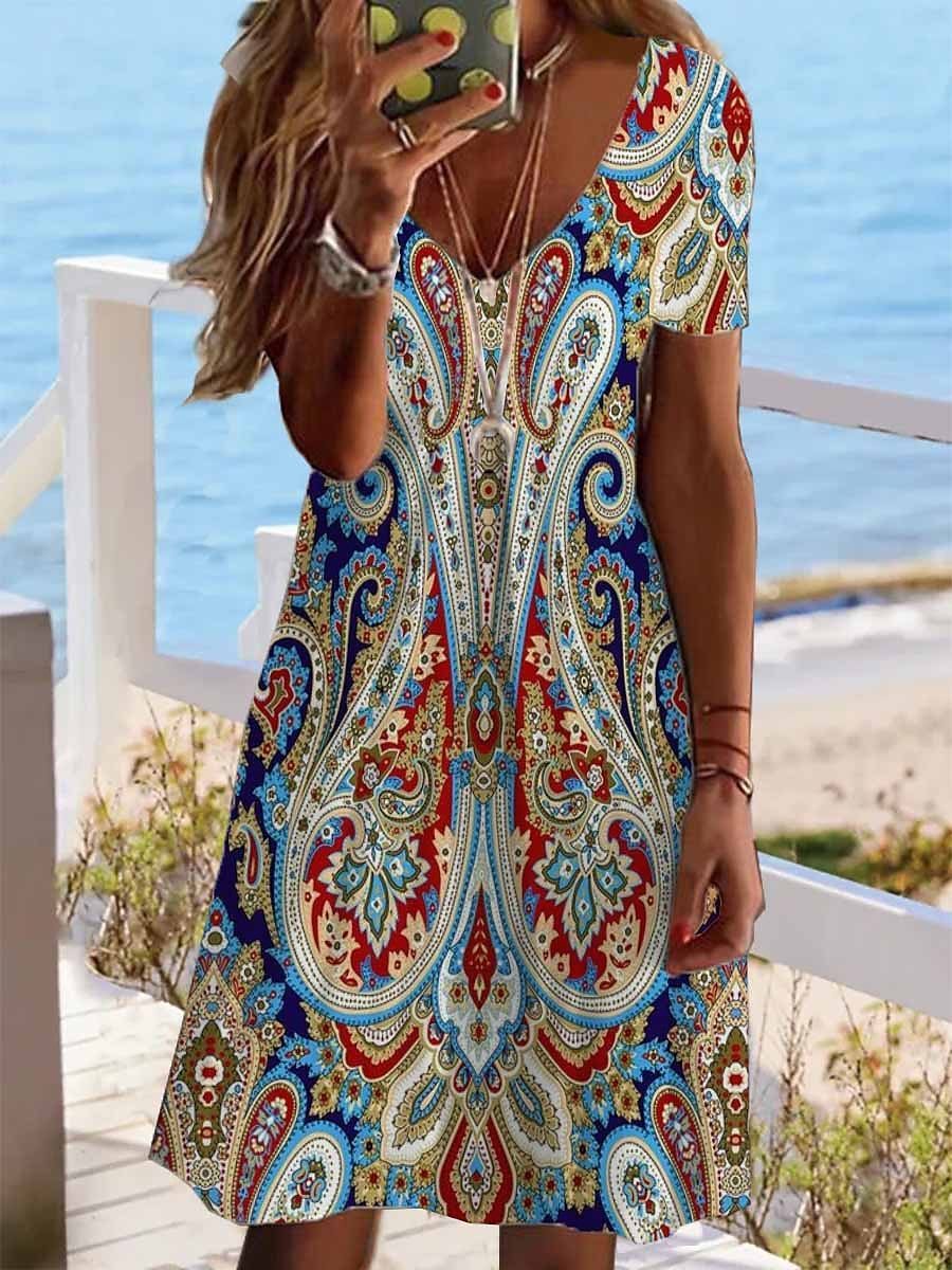 Printed V-neck Mini Dress