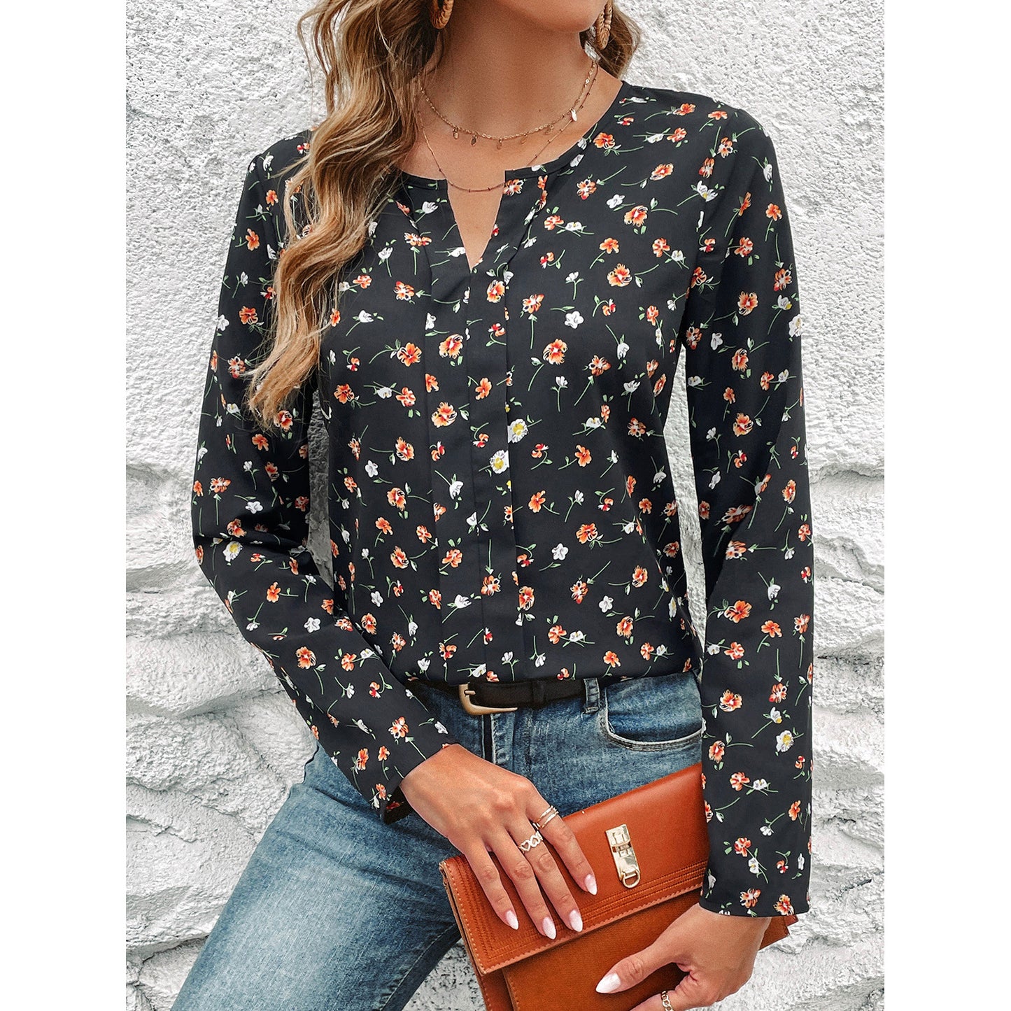 Women's Round-neck Floral Print Long Sleeve Top