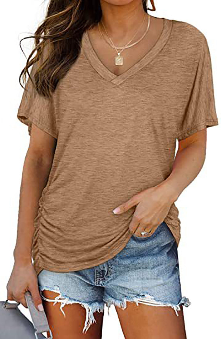 European And American T-shirt Solid Color Casual Loose-fitting V-neck Top