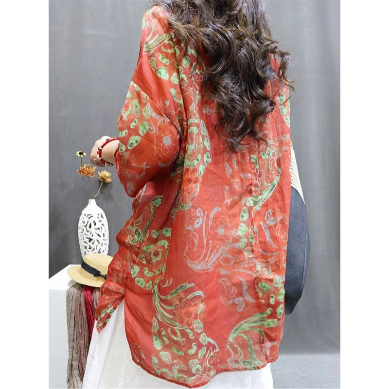 Vintage Floral Print Mid-length Sleeves V-neck Ramie Loose Western Style Artistic Casual Shirt