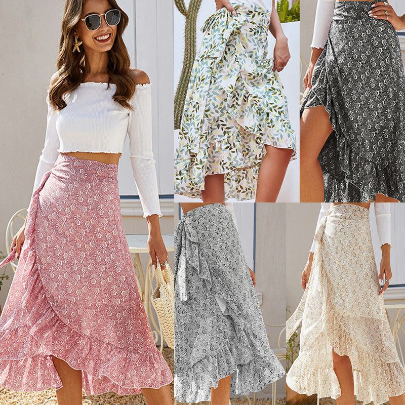 Printed Lace Up Split Expansion Skirt Skirt With Lining