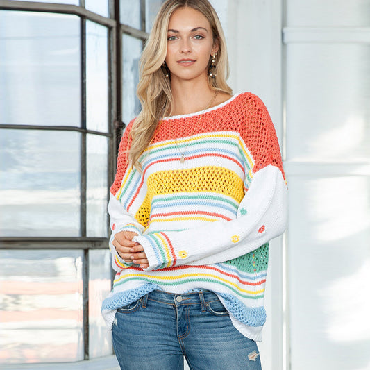 Rainbow Striped Pullover Women's European And American Fashion Dopamine Contrast Color Round Neck Sweater