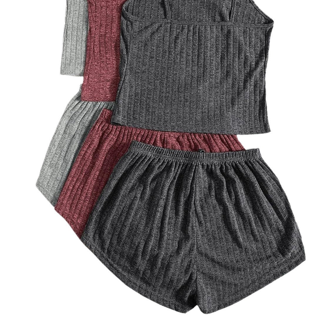 Women's Rib Knit Casual Two-piece Set Crop-top Spaghetti-strap High Suit