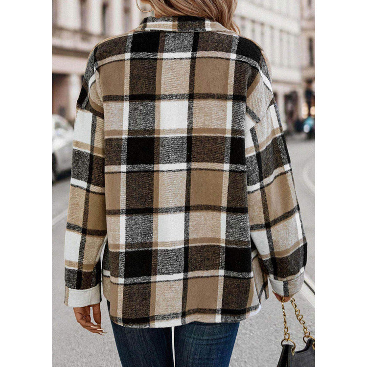 Woolen Loose Plaid Shirt Button Long Sleeve Coat