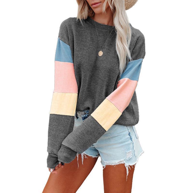 Round Neck Long Sleeve Color Contrast Long Sleeve Fashion T-shirt Women