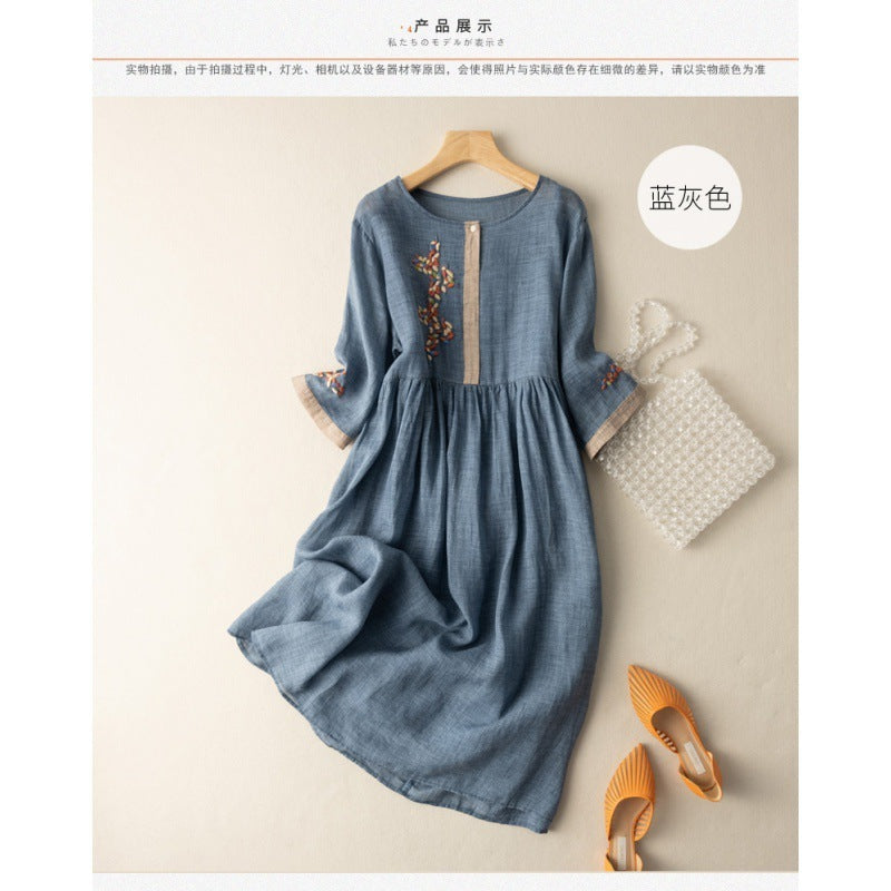 Artistic Ethnic Style Linen Cotton Embroidery Loose Half Sleeve Dress