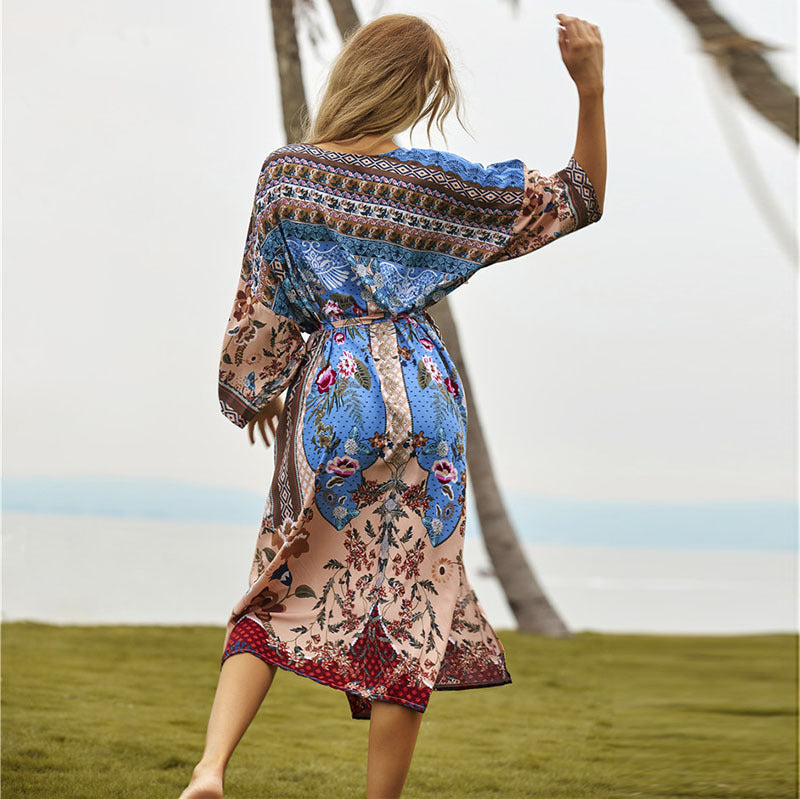 Rayon Watermark Printed Beach Cover-up Cardigan Long Dress