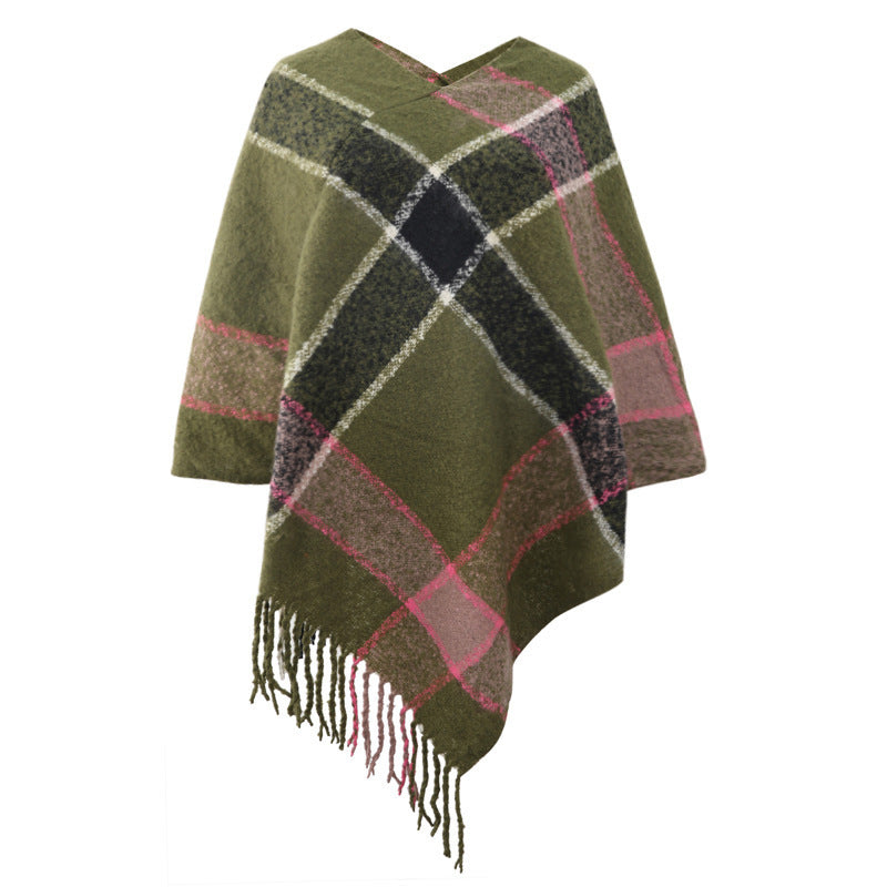 Cashmere Contrast Color Striped Cape Knitted Tassel Scarf