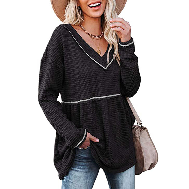 V-neck Long-sleeved Tunic Sweater With Pleated T-shirt Skirt