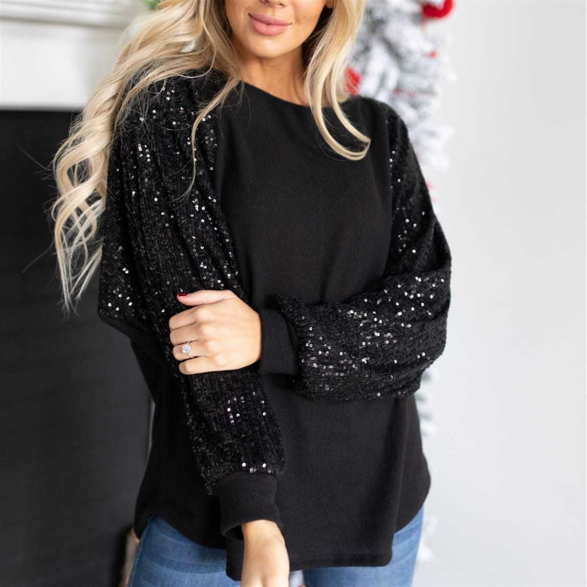 Women's Fashionable Sequins Stitching Round Neck Loose Top
