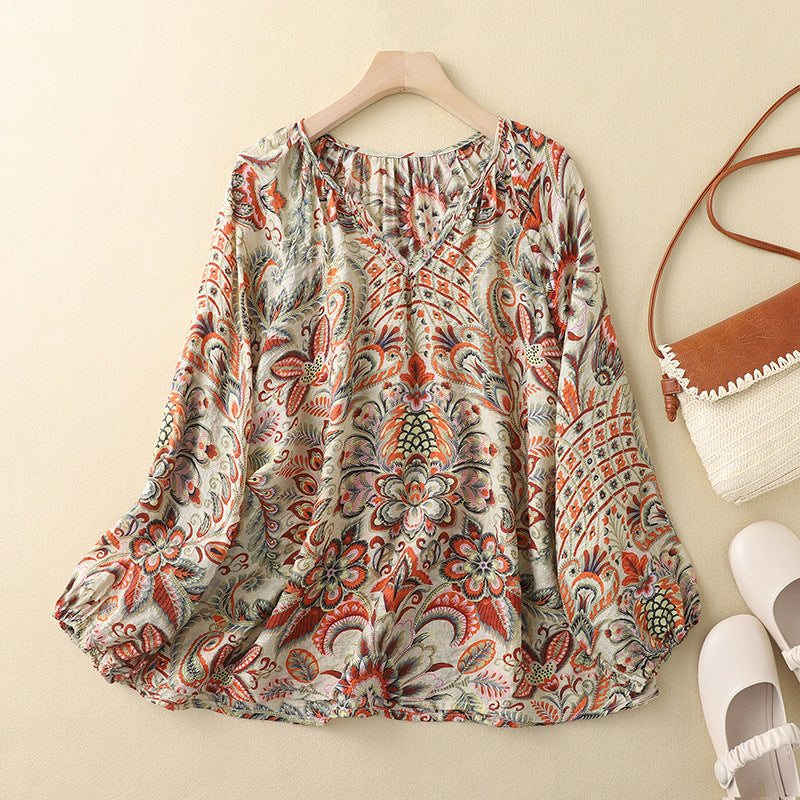 Casual All-match Lantern Sleeve V-neck Printed Sweet Style Blouse