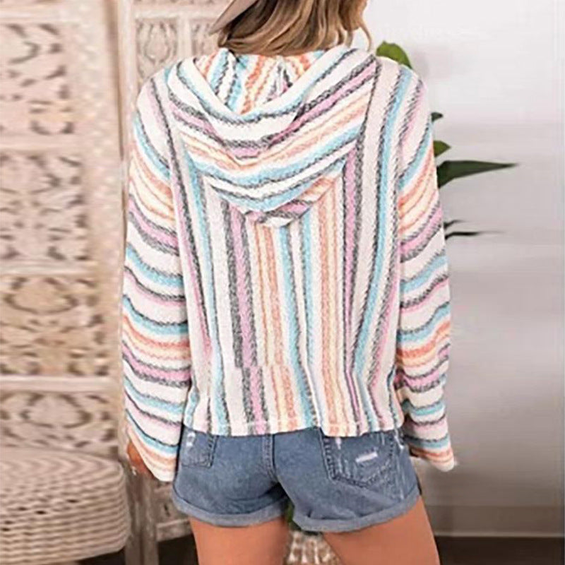 Hooded Rainbow Stripe Pullover Loose Sweatshirt