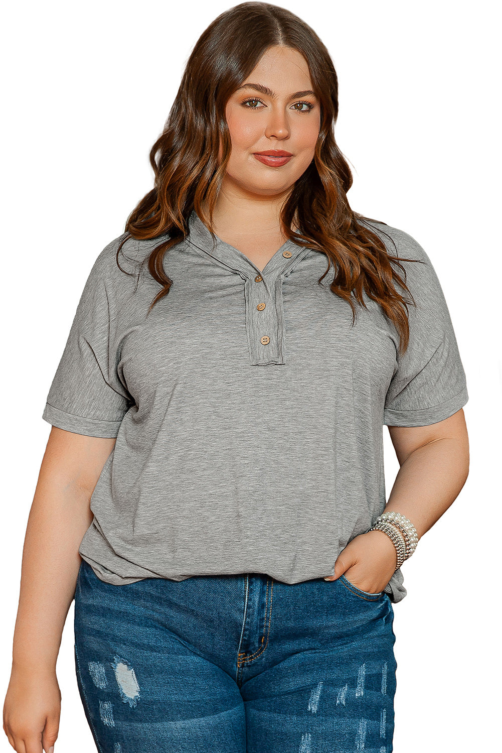 Gray Plus Size Buttoned V Neck Batwing Sleeve Top