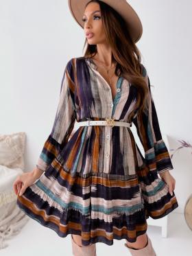 Fashion Style Tie-dye Stripes V-neck Long-sleeved Dress Women