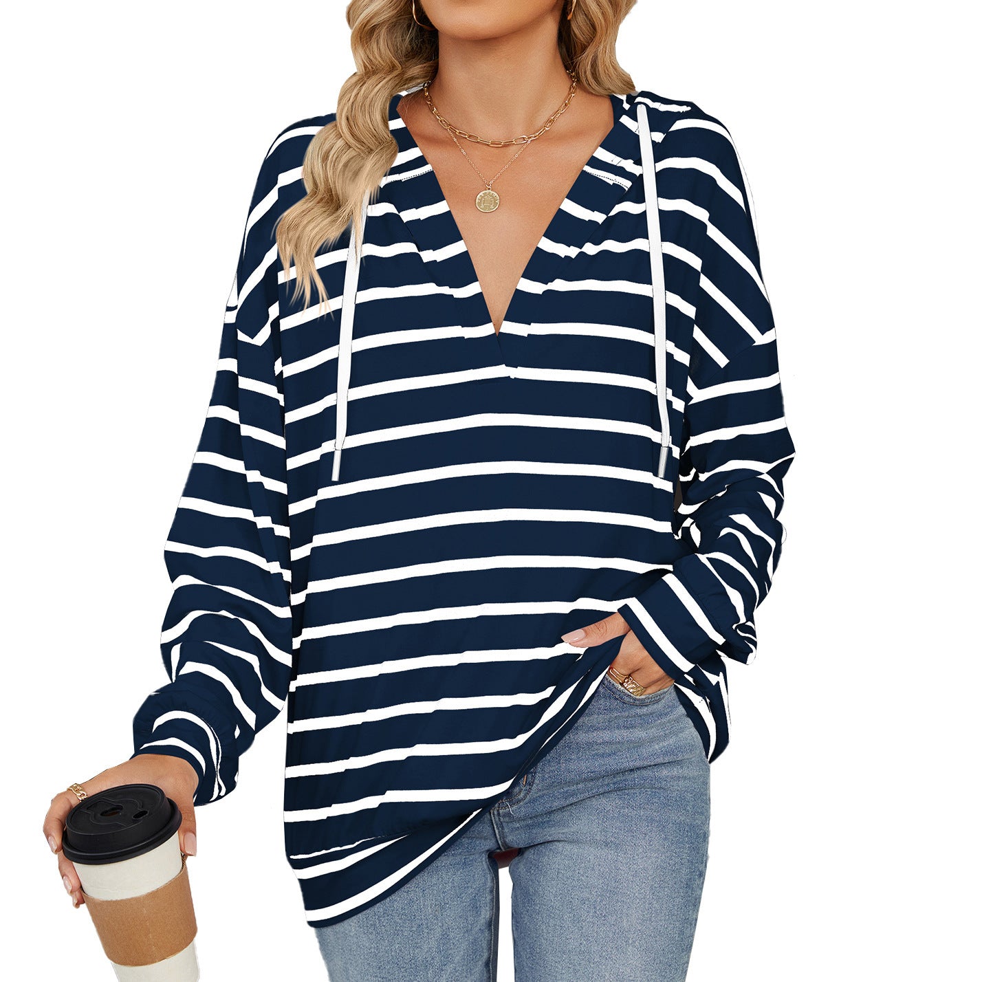 Hoodie With Drawstrings Striped Long Sleeve Top