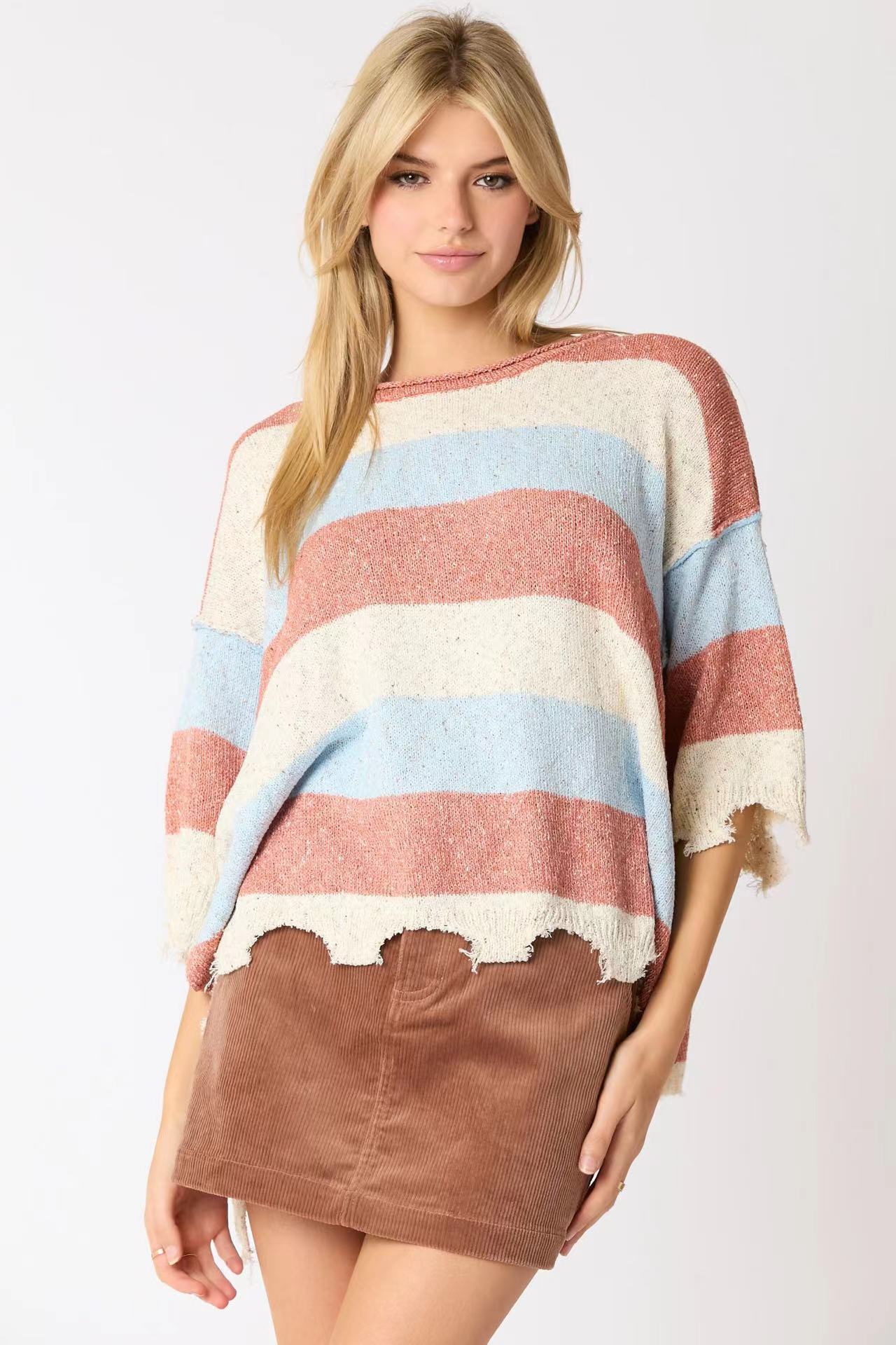 Women's Multi-color Stripe Contrast Color Short-sleeved Shirt Knitted Sweater