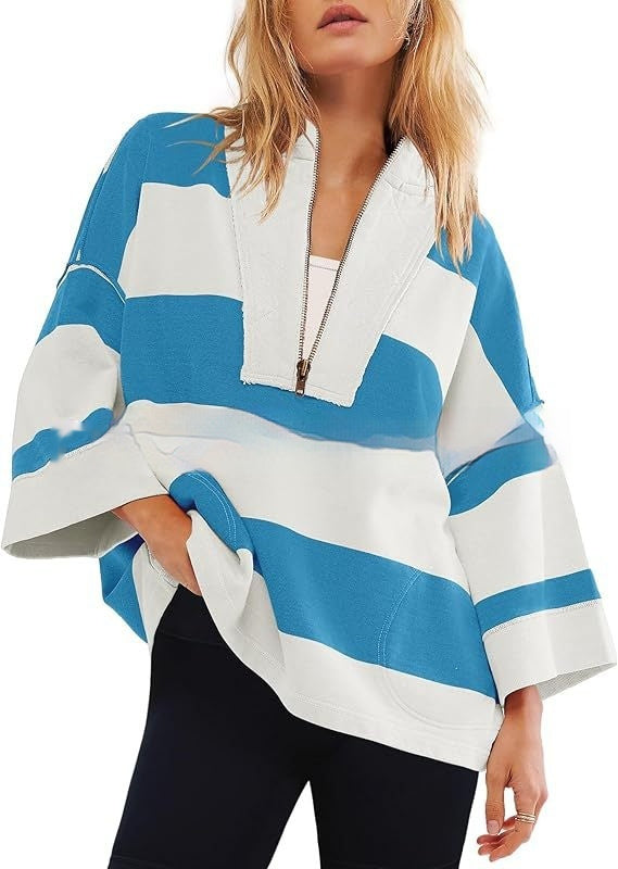 Women's Oversized Striped Shirt Half Zip Sweatshirt Color Matching