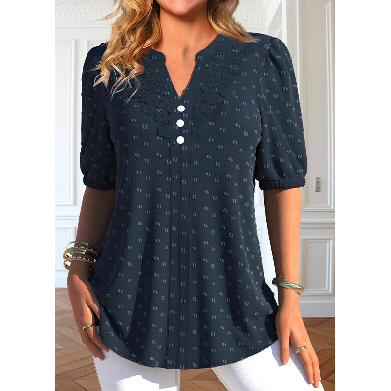 Plus Size Navy Blue Button Short Sleeve Shirt