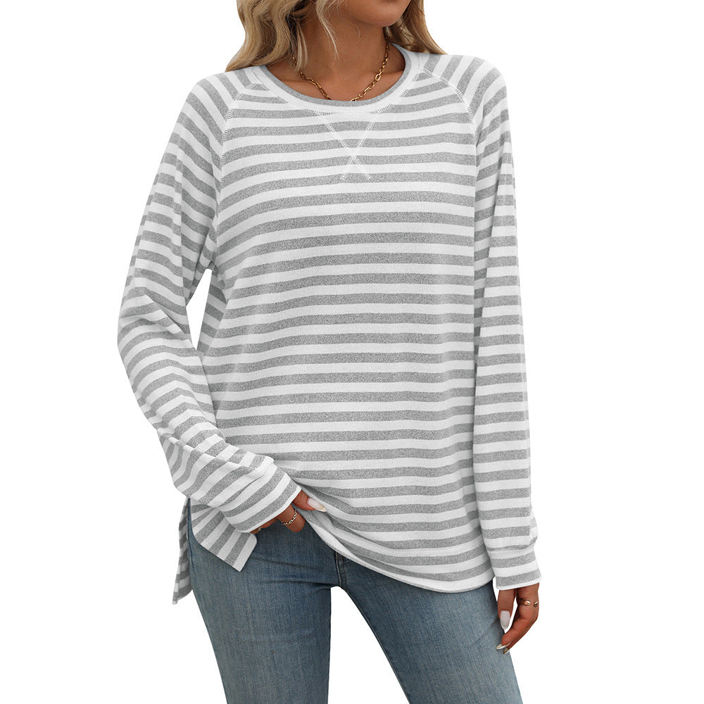 Striped Contrast Color Round Neck Long Sleeve Loose-fitting T-shirt Top