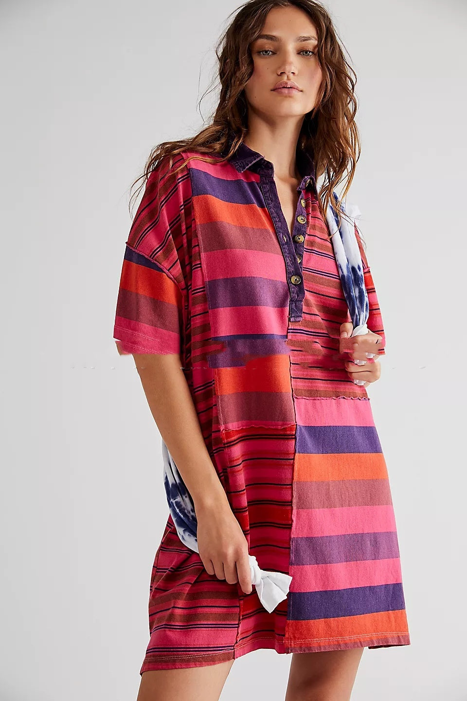 Women's Mid-sleeve Lapel Contrast Color Striped Loose Casual Dress