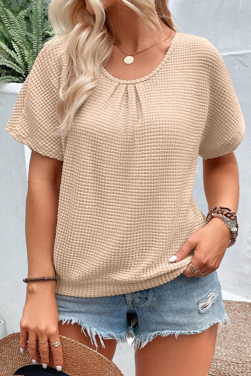 Beige Guipure Lace Insert Textured Plus Size Tee