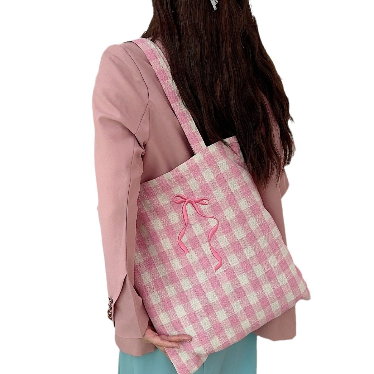 Embroidered Bow Plaid Shoulder Bag
