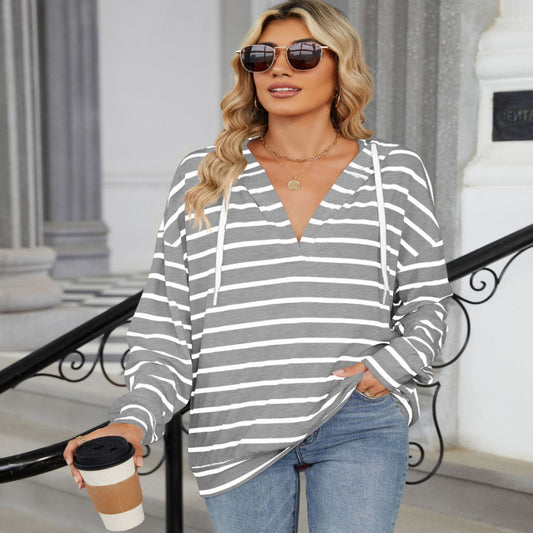 Hoodie With Drawstrings Striped Long Sleeve Top