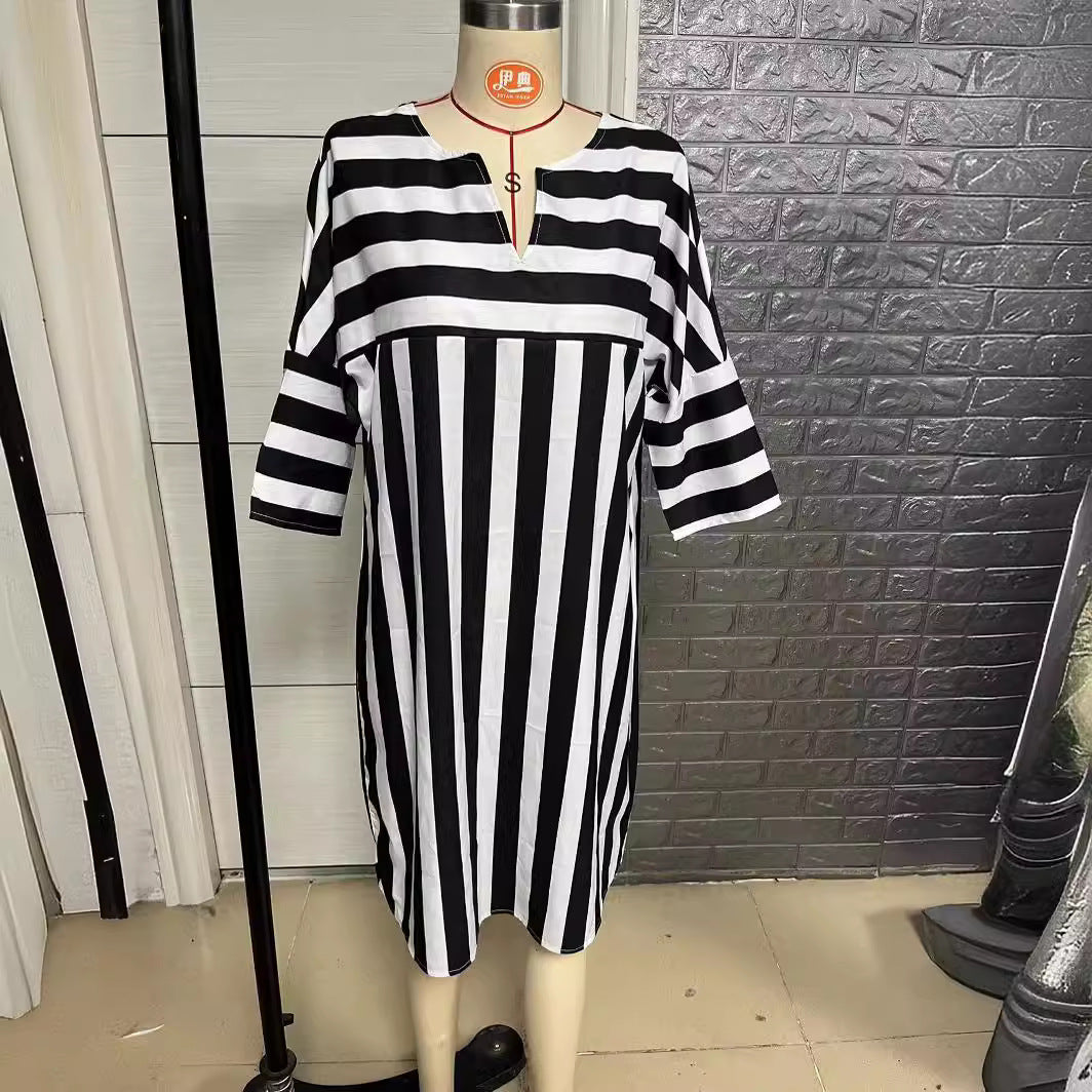 Striped Round Neck Loose Stitching Dress