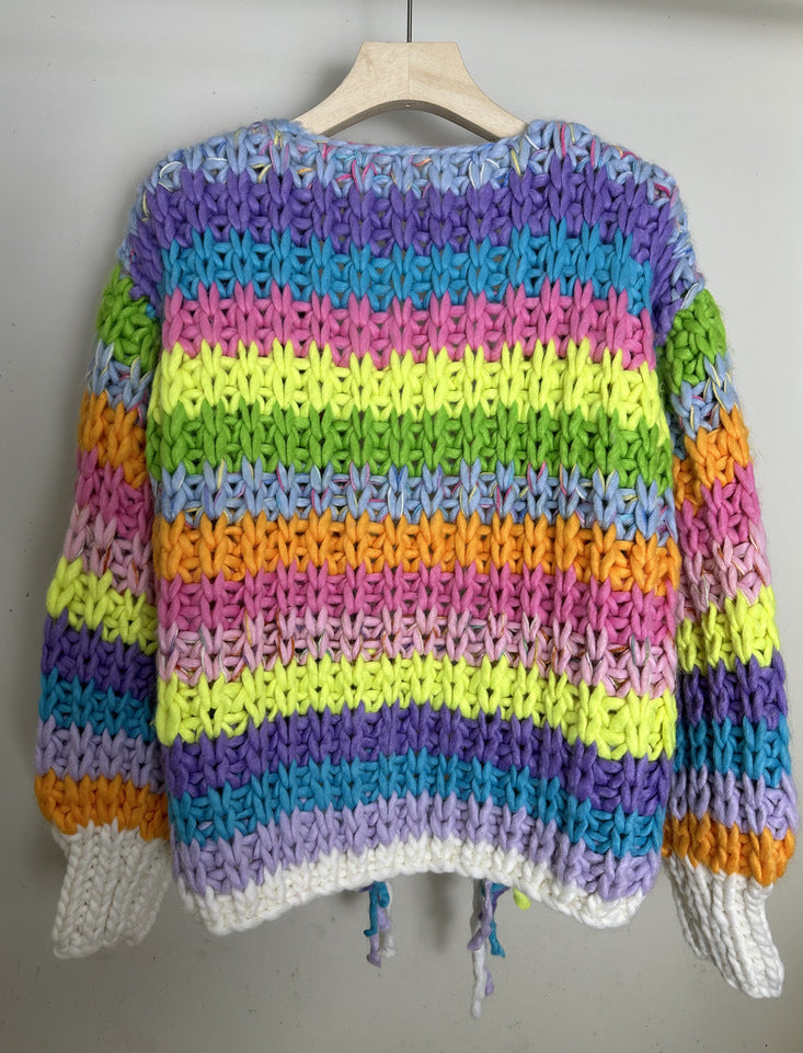 Autumn And Winter New Rainbow Stripes Loose And Lazy Style Women's Knitted Sweater