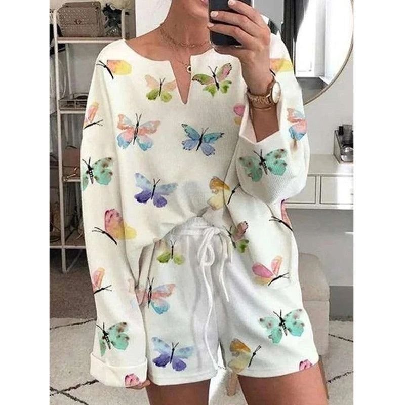 Women Butterfly Printed Shorts Pajamas Set