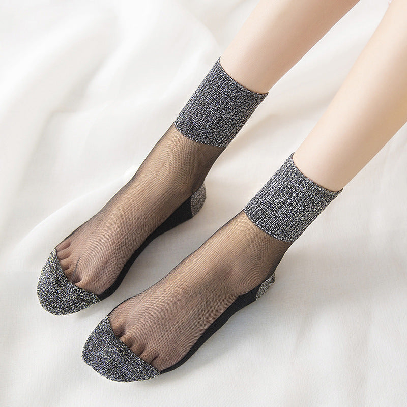 Spring And Summer Ultra-thin Women's Cotton Base Black Silk Transparent Mid-calf Socks