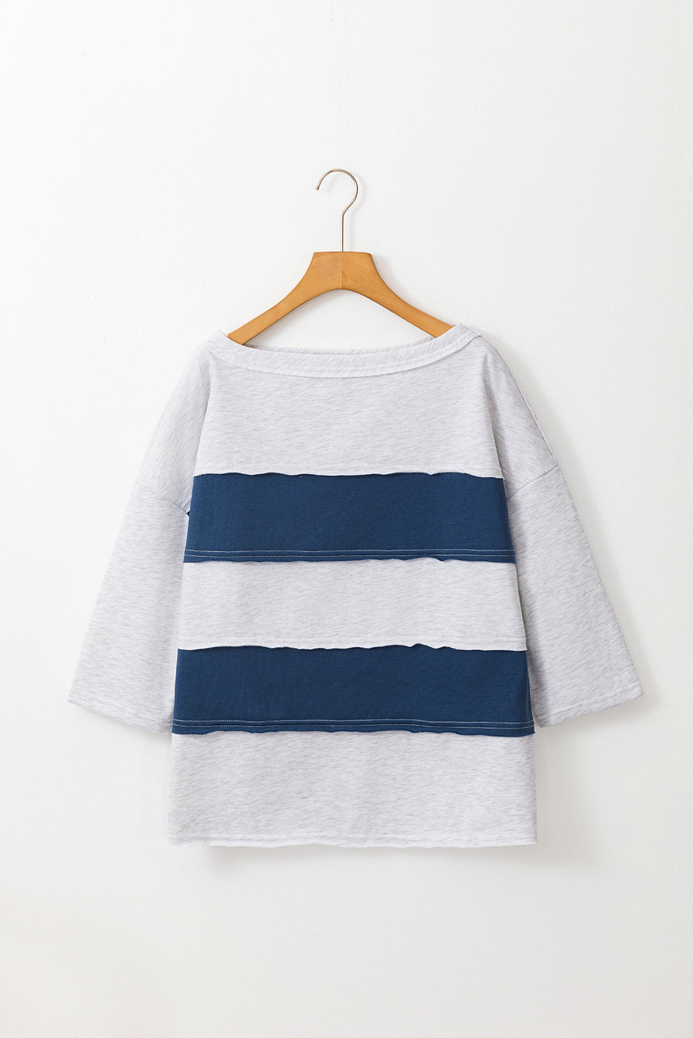 Sail Blue Colorblock Striped Patchwork Raw Seamed Sweatshirt