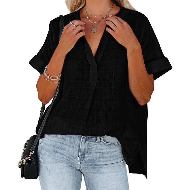 Summer Loose Shirt For Women Short Sleeve Thin V-Neck Pullover Shirt