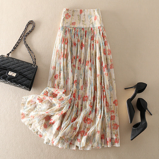 High Waist Floral Gauzy Pleated Mid-length Skirt