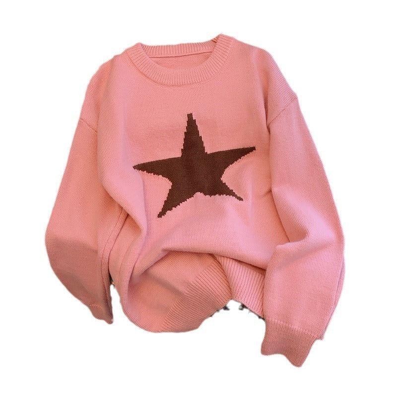 Idle Style Five-pointed Star Crew Neck Pullover Sweater