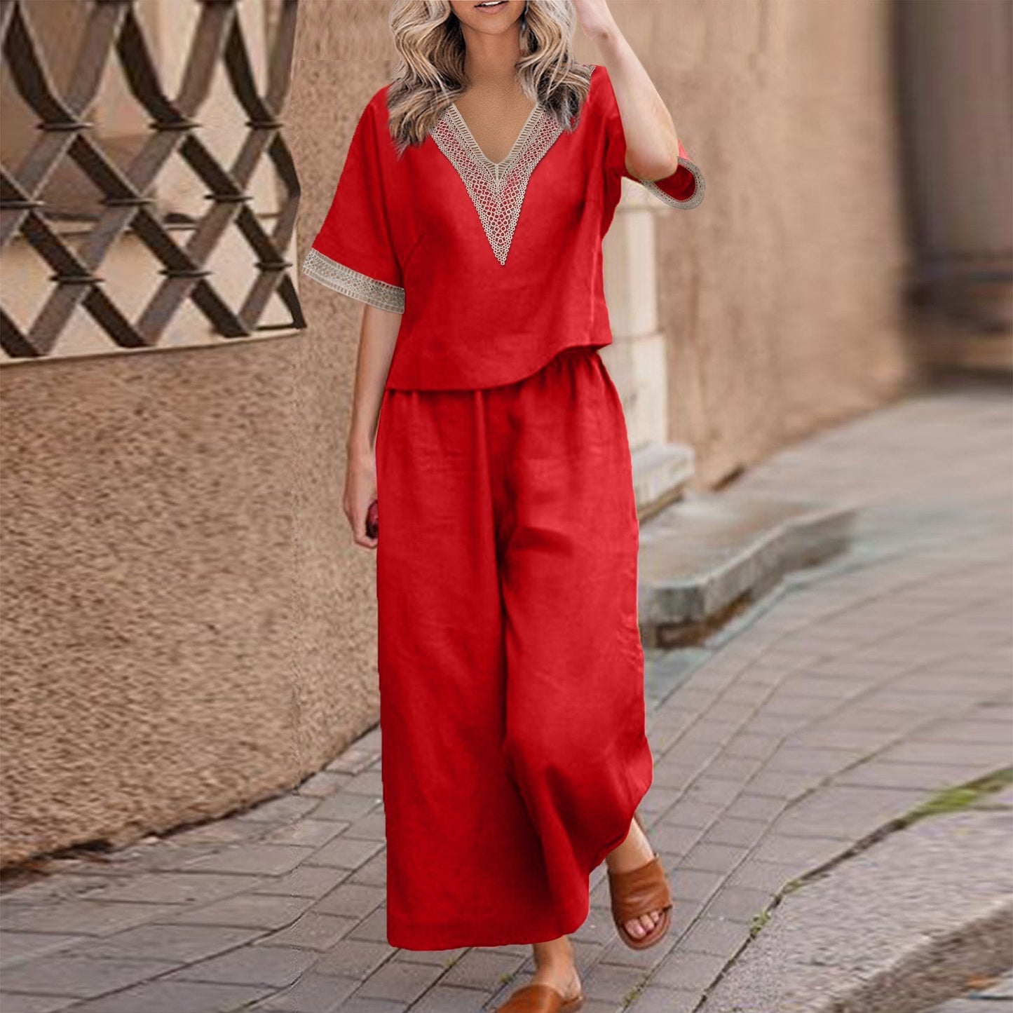 Casual Plus Size Loose Cotton And Linen V-neck Cropped Pants Two-piece Suit