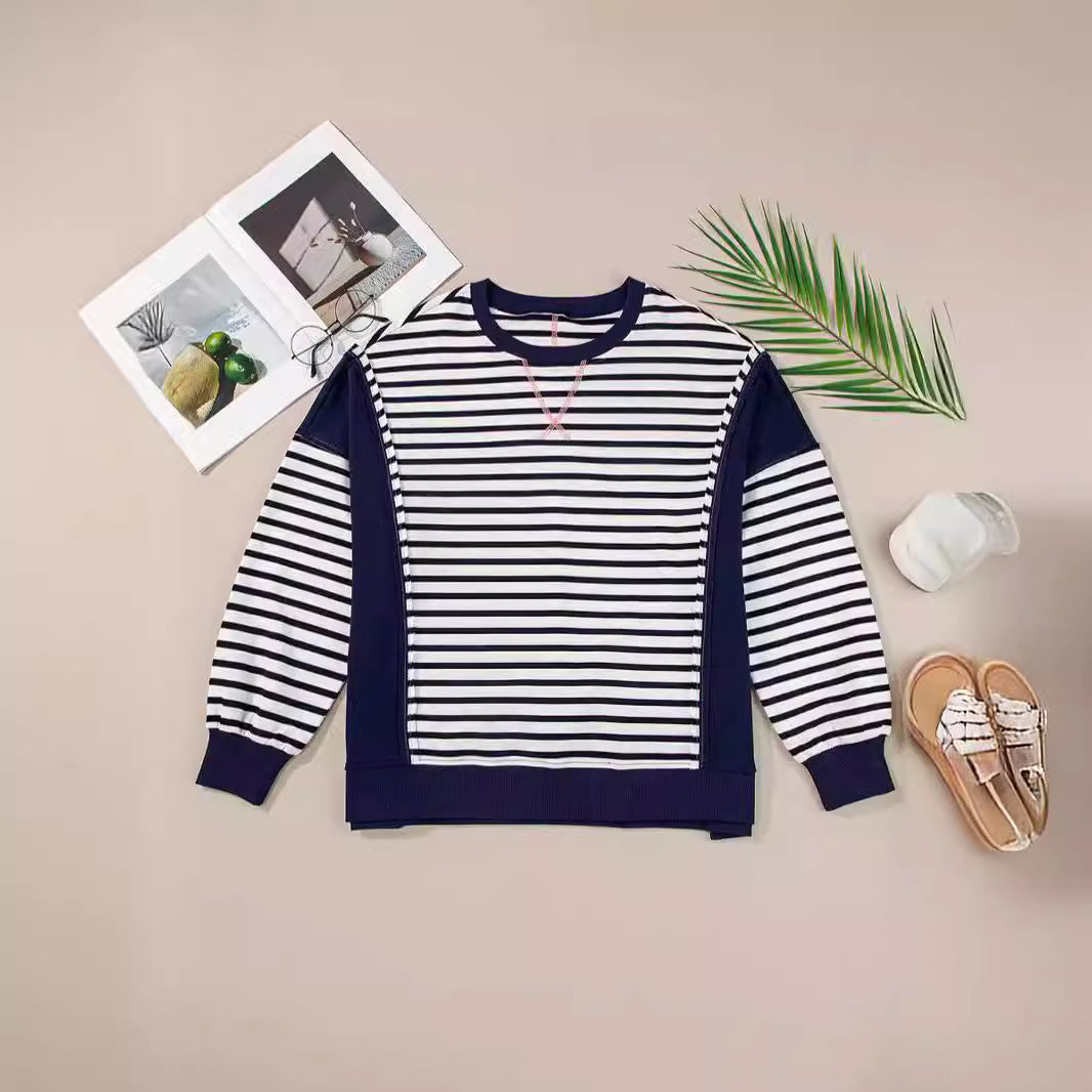 Color Matching Sweatshirt Striped Color Contrast Long Sleeve T-shirt