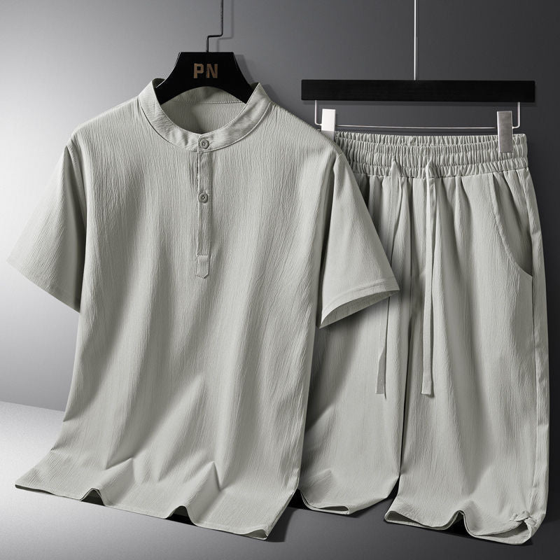 Men's National Style Cotton And Linen Casual Shorts Short Sleeve Two-piece Set