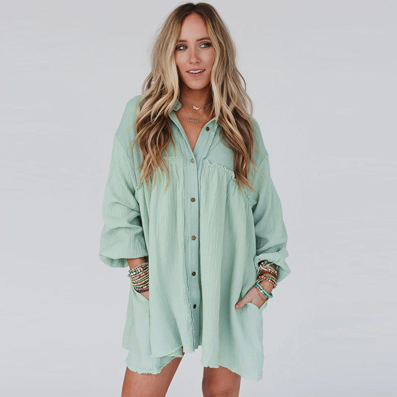 Thin Patchwork Pleated Long Sleeve Shirt Dress