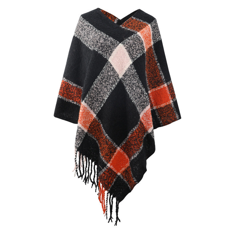 Cashmere Contrast Color Striped Cape Knitted Tassel Scarf
