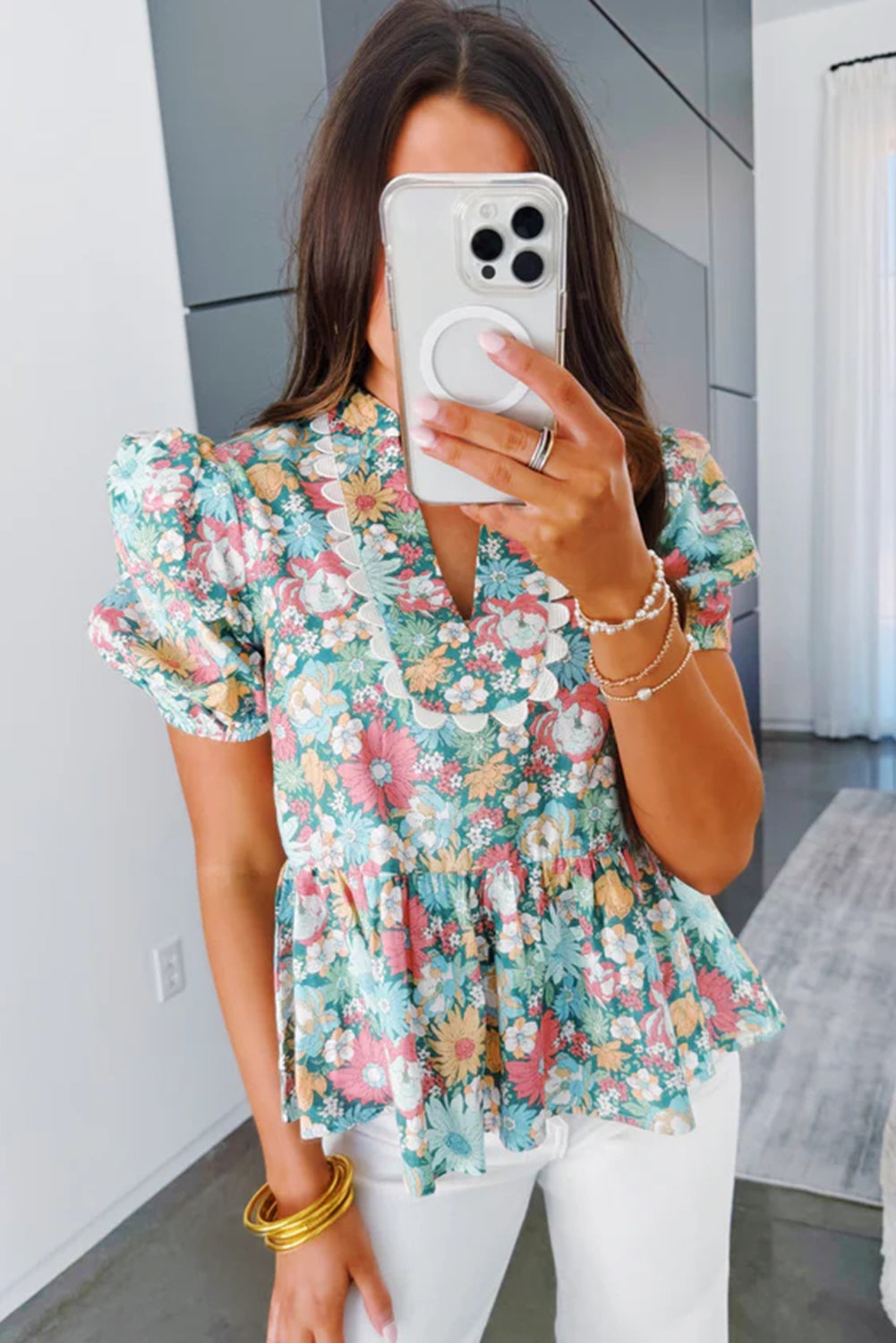 Multicolour Notched Neck Puff Short Sleeve Floral Blouse