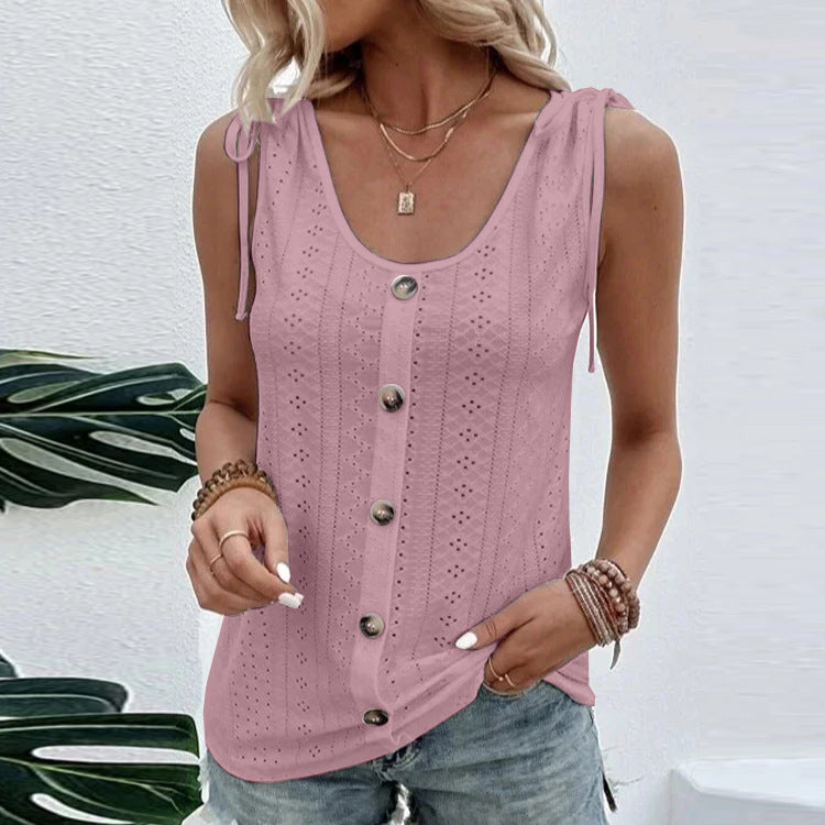 Casual Solid Color U-neck Vest Women Shoulder With Bow Tie Tops Summer T-shirt