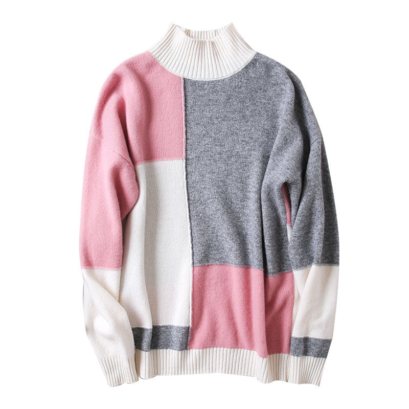 Half-high Collar Padded Color-block Wool Sweater Plaid