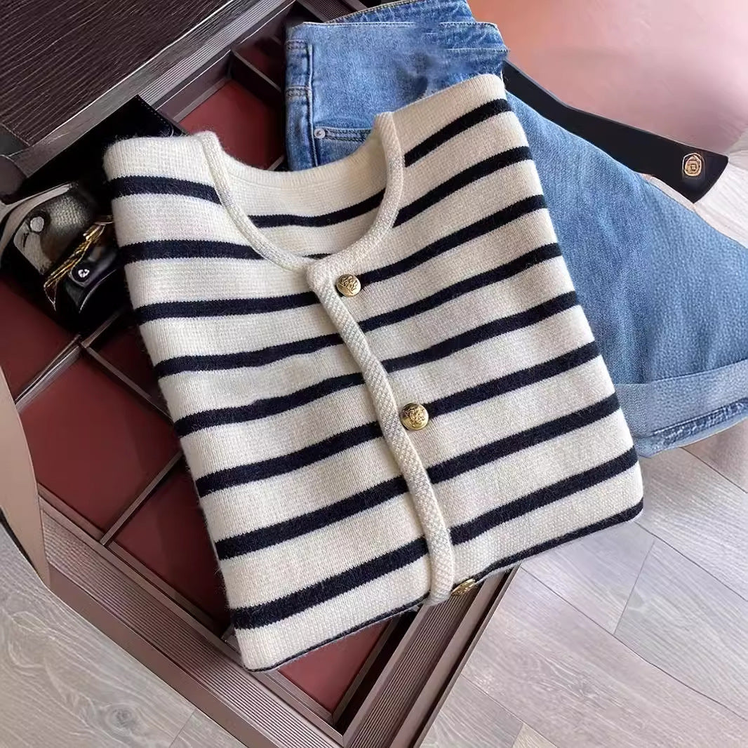 Black And White Striped Knitted Cardigan Jacket